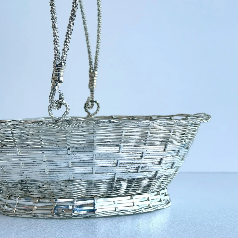 Vintage Wire‎ Metal Basket Silver Small With Handle Easter